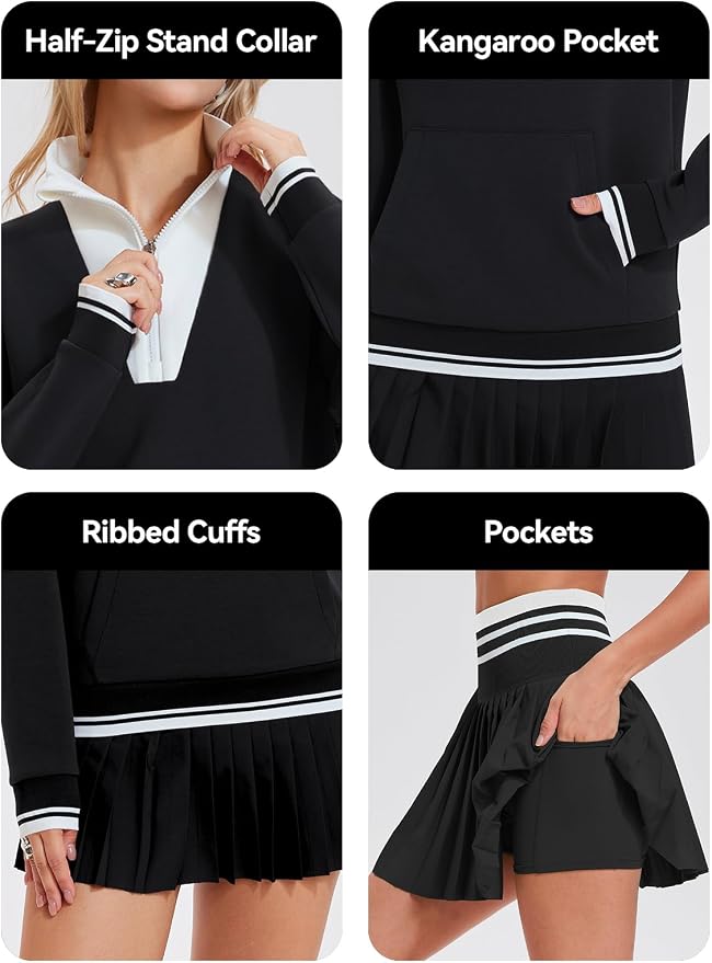 Airfree Women Two Piece Tennis Skirt Set Golf Outfits Half Zip Oversize Pullover Sweatshirt 2 Piece Skirt Sets with Pockets