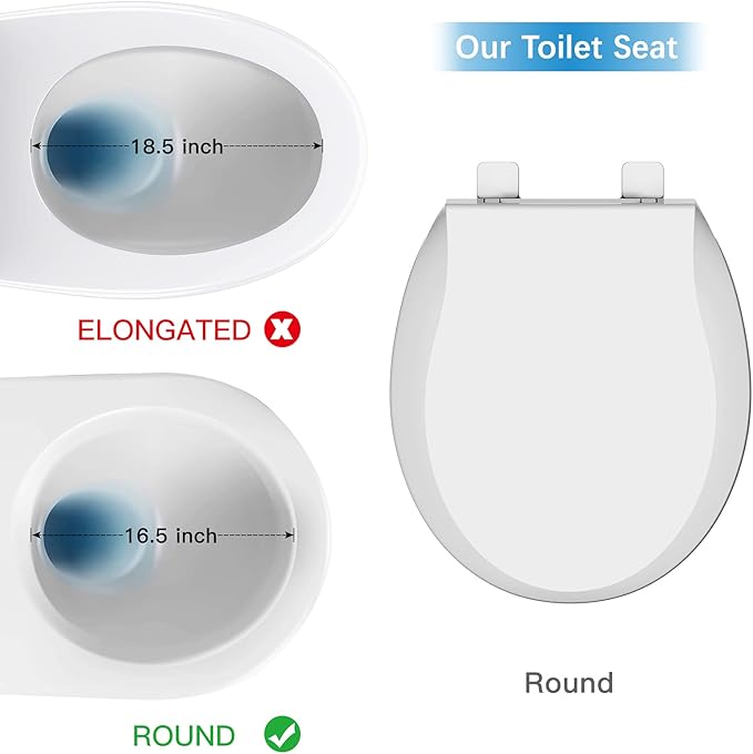 Round Toilet Seat Cover with Soft Close - Easy to Install, White Bathroom Toilet Seat Made of Tough PP Material