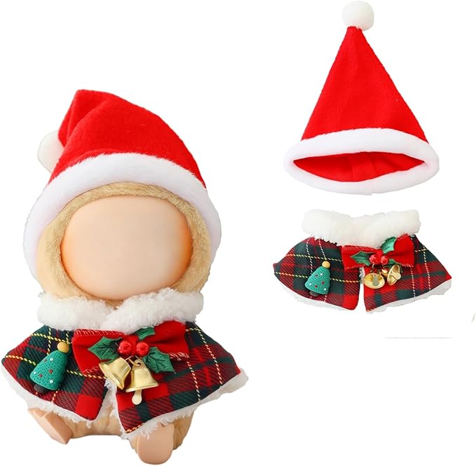 Christmas Hat Clothes for Dolls Accessories, Stylish Kawaii Festive Christmas Bell Cloak Outfit Set 2 Pieces Suitable for 15cm 17cm Doll , Xmas Doll Clothing Set Replacement Red