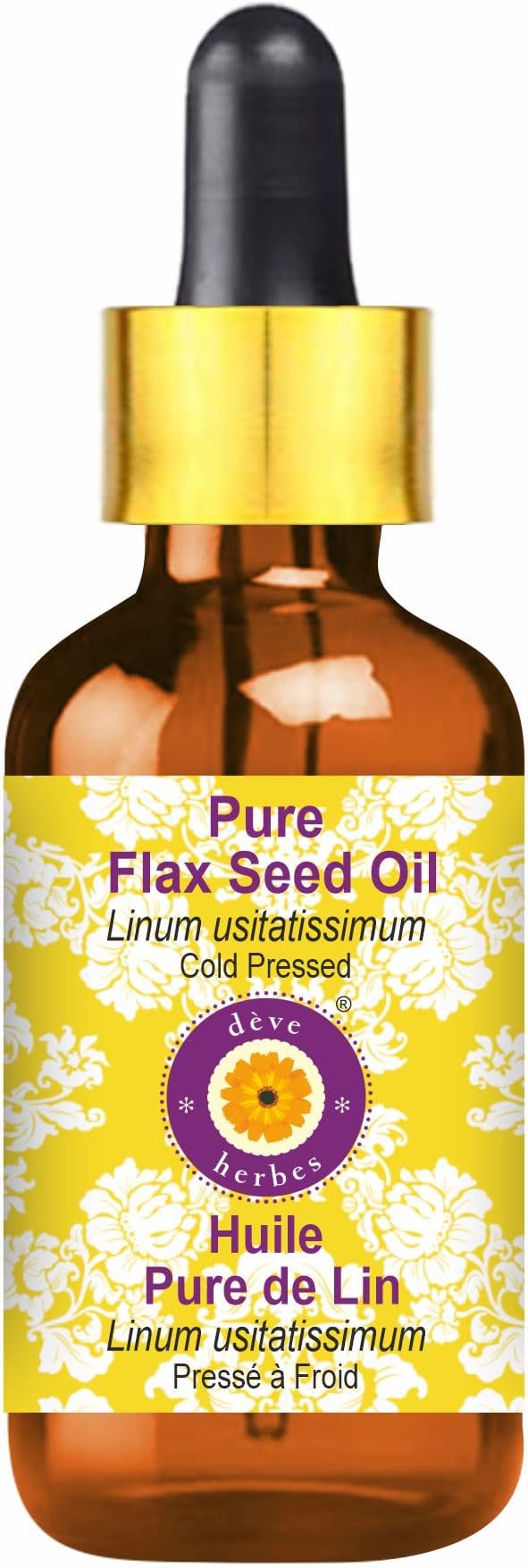 dève herbes Flax Seed Oil (Linum usitatissimum) with Glass Dropper | Cold Pressed | Pure | Natural | for Diluting Essential Oils | Skin & Massage | Non-Sticky | Lightweight | Unisex | 100ml (3.38 oz)