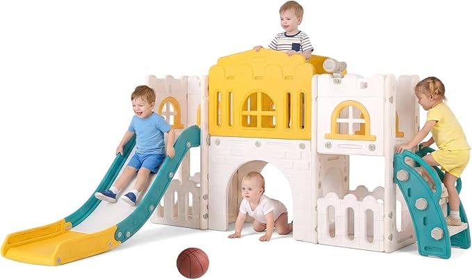 OLAKIDS Toddler Slide, 9 in 1 Kids Indoor Outdoor Playground with Climber Basketball Hoop Telescope Tunnel Corridor Toy Storage Steering Wheel for Boys Girls Aged 1+ (Yellow)