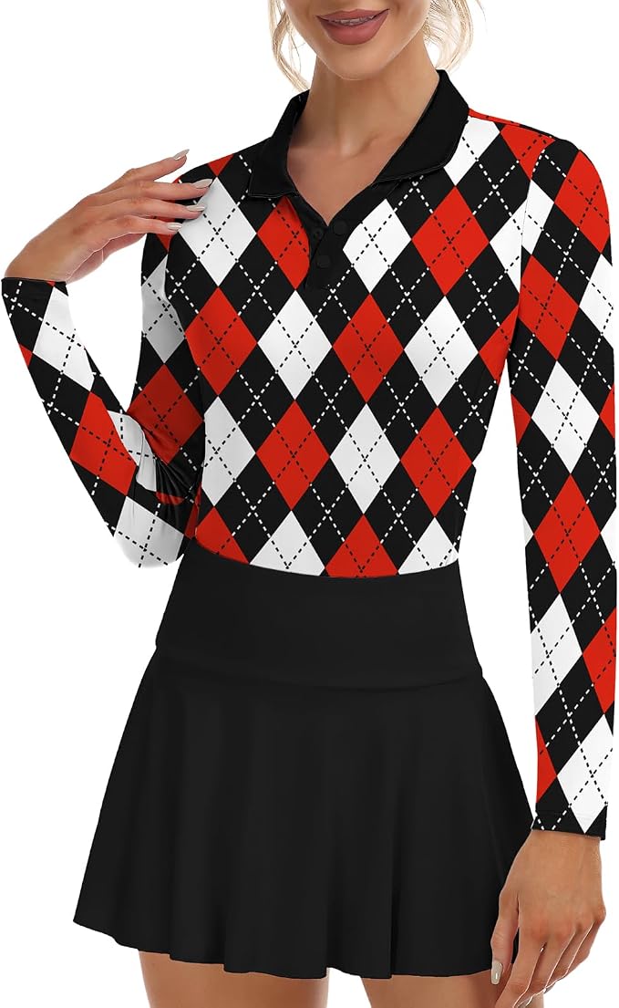 Soneven Womens Golf Shirts Moisture Wicking V Neck Long Sleeve Polo Shirts Collared Tops