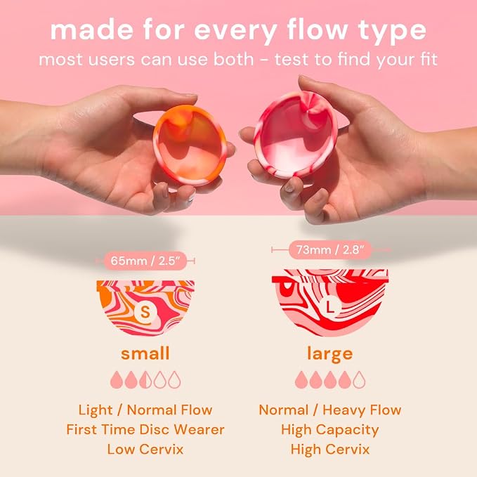 Bodyotics Menstrual Disc Reusable, 2-Pack Size S & L - Softer Than Menstrual Cups and Can Be Used Intimate Moments - Comfort-Fit Period Disc Set with 12 Hr Wear - 100% Medical Grade Silicone | Leak-Proof Alternative to Cups, Tampons & Pads for Light or...