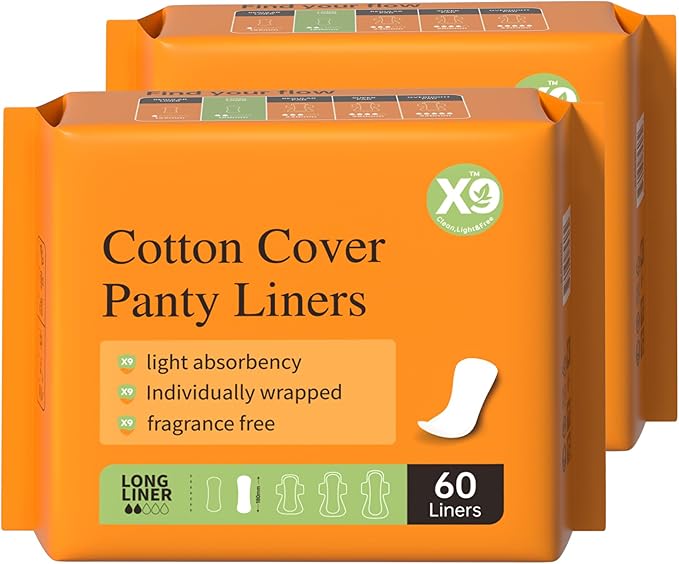 X9 Cotton Cover Panty Liners for Women, 60 Count, Fragrance-Free Light Absorbency Daily Liners with Soft Cover (Long, Count, 120.0)