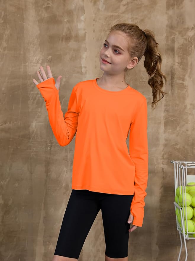 ZDC Girls Long Sleeve Athletic Shirts Kids Crewneck Quick Dry Workout Yoga Tops Basic Tees Activewear