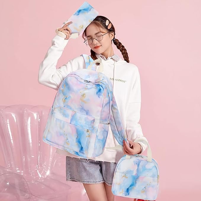 Bluboon Teen Girls School Backpack Kids Bookbag Set with Lunch Box Pencil Case Travel Laptop Backpack Casual Daypacks (Pink Blue Purple Gold Marble 99)
