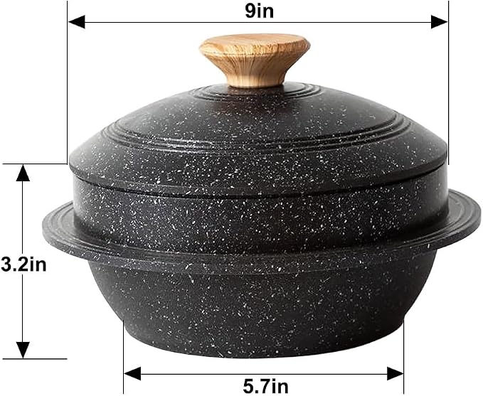 Cast Aluminum Pot with Lid, 72 oz Non-Stick Casserole Dish Korean Stone Bowl Induction Compatible, 2150 ml - Black