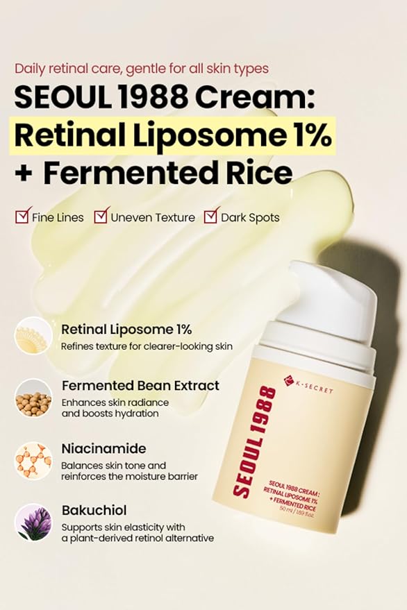 K-SECRET SEOUL 1988 Retinal Cream – Formulated with Advanced Retinal Liposome 1% and Fermented Rice Extract | Daily Fine Lines and Skin Texture Care | Korean Skincare, 50ml / 1.69 fl oz
