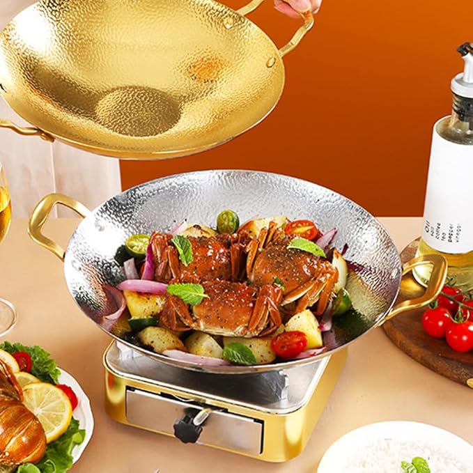 Kichvoe Hammered Griddle 11.81 Inch Double Handle Cooking Pan Stainless Steel Kitchen Cookware for Hot Pot Seafood Korean Ramen Home and Restaurant Use