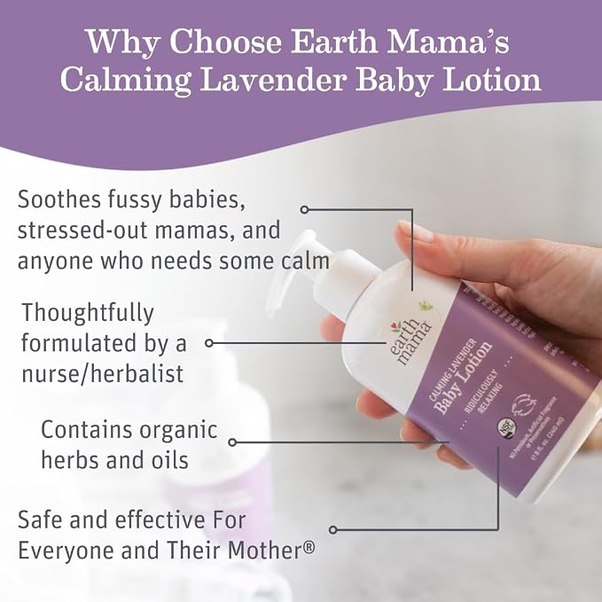 Earth Mama Calming Lavender Baby Lotion for Dry Skin, Calendula Cream for Newborn Skin Care, Children's Moisturizer, Aloe Juice, Rooibos, & Shea Butter, Lavender Lotion, 8 Fl Oz (2Pk)