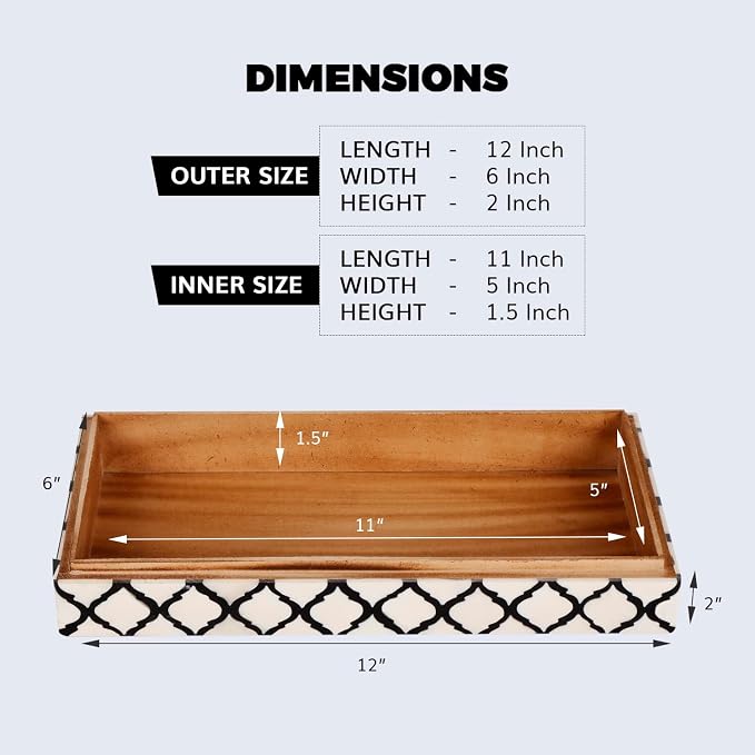 Handicrafts Home Large Decorative Storage Box with Lid, Moroccan Coffee Table Storage Organizer Box, Wooden Remote Holder Keepsake Storage Box, Console Table Storage, Black & White, 12 x 6 x 2