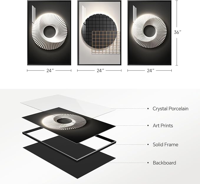 Framed Large Modern Black and White Wall Art for Living Room, 3 Piece Abstract Bright Style Picture Artwork Decor, Minimalist Geometric Painting Prints for Dining Room Hallway Office 24x36 Inch