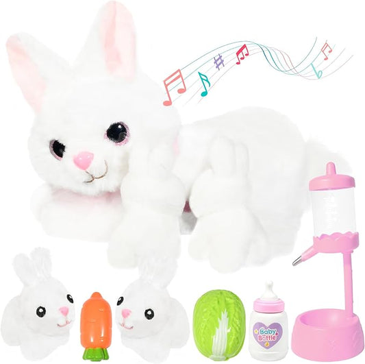 Nurturing Bunny Stuffed Animal with 2 Plush Babies, Interactive Baby Stuffed for Girls and Boys Plushy Mommy Rabbit with Baby Rabbits for Birthday Party Favors Gifts