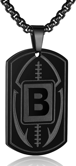 Initial A-Z Dog Tag Necklace for Men - Football Charm Pendant, Stainless Steel Chain 22+2 Inches, Personalized Sports Athletes Jewelry Gift