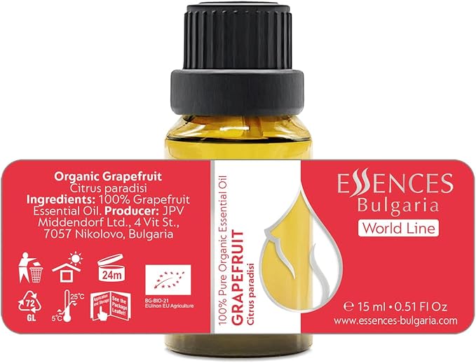 Essences Bulgaria Organic Grapefruit Essential Oil 0.51 Fl Oz 15ml Citrus paradisi 100% Pure Natural Undiluted Therapeutic Grade for Home Aromatherapy Home Diffuser Humidifier Hot Tub and Massage Oil