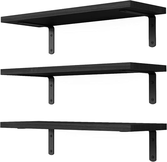DOLLFIO Floating Shelves, 3 Sets Wall Wooden Shelves for Décor, Mounted Bathroom Shelf Storage, Book Wall, Bedroom, Living Room – Black, HM02