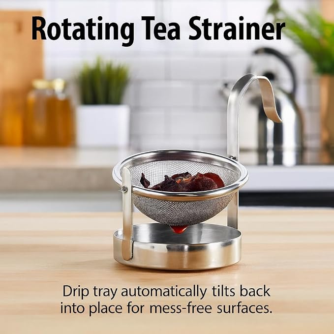 HIC Kitchen Tip Tea Strainer, 18/8 Stainless Steel, Loose Leaf Tea Filter With Drip Tray, Mess-Free Tea Serving