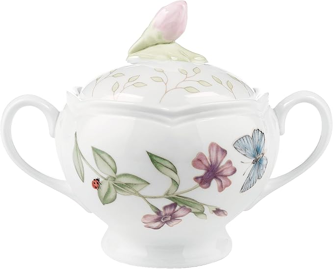 Lenox Butterfly Meadow Double Handled Sugar Bowl with Lid, White -, 1 Count (Pack of 1)
