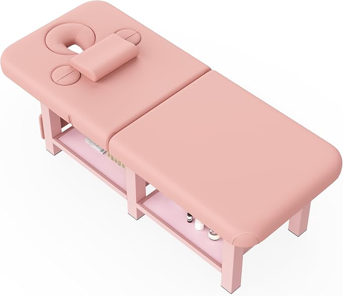 Extra Large 34''×80'' Folding Stationary Massage Table with Adjustable Backrest, Heavy-Duty Metal Frame PU Leather Treatment Bed for Spa, Physical Therapy, Tattoo, Facial & Medical Exam - Pink