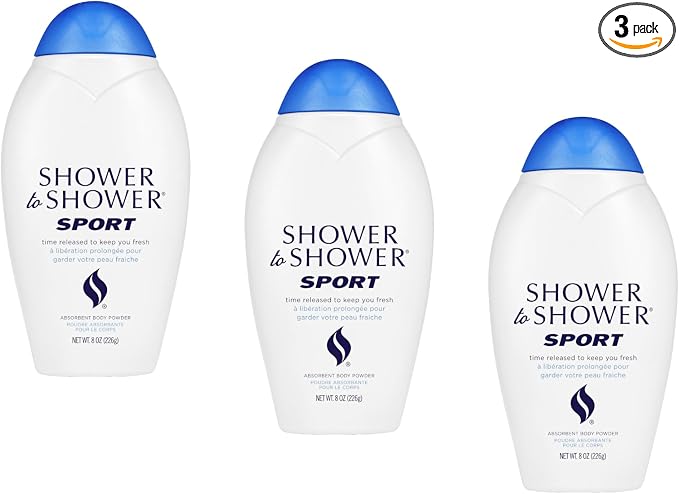 Shower to Shower Sport Body Powder for Men & Women, Talc Free, Sweat Absorbing, Prevents Chafing & Odor,Deodorizing All Over Body Powder for Long Lasting Freshness, 8 Ounce (Pack of 3)