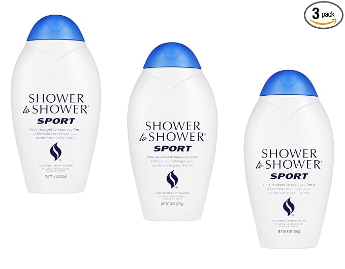 Shower to Shower Sport Body Powder for Men & Women, Talc Free, Sweat Absorbing, Prevents Chafing & Odor, Deodorizing All Over Body Powder for Long Lasting Freshness, 8 OZ (Pack of 3)