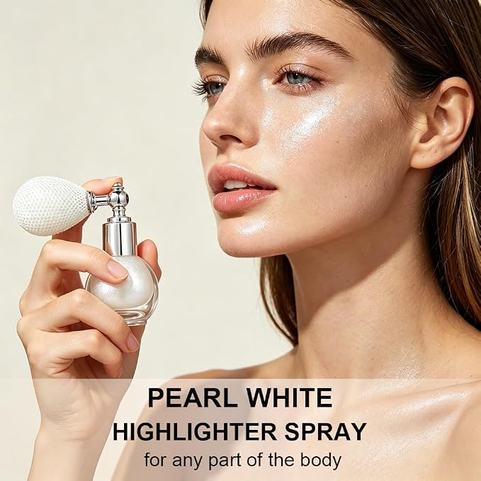 Pearl White Face and Body Highlighter Spray for Natural Glow Makeup, 0.14oz | High Gloss Powder, Waterproof Shimmer Spray for Daily Mardi Gras Singer Concert Music Rave Festival Outfits Accessories