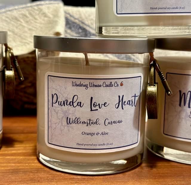 Wandering Woman Candle Company 8 oz Soy Wax Candle (Punda Love Heart, Curacao: Orange & Aloe)
