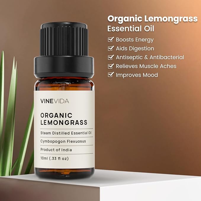 VINEVIDA Organic Lemongrass Essential Oil 10 mL - Undiluted, Pure, Vegan, Reusable Glass Bottle with Dropper
