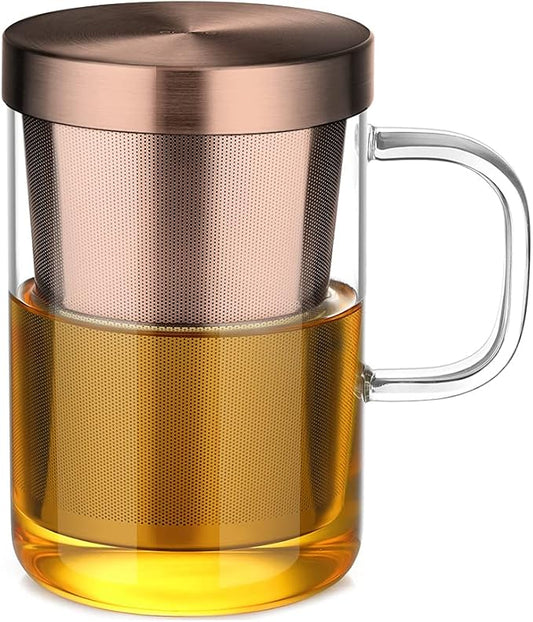 ecooe Tea Infuser Mug 16.9oz Glass Tea Cup with Removable Stainless Steel Infuser and Lid, Clear Glass Tea Cup 500ml Teacup for Loose Leaf Tea, Birthday for Parents Dad Mum Friends (Bronze)