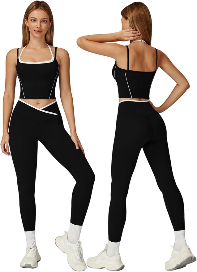 ABOCIW Workout Sets for Women 2 Piece Color Block Strappy Sports Bra High Waist Shorts Gym Yoga Pilates Outfits