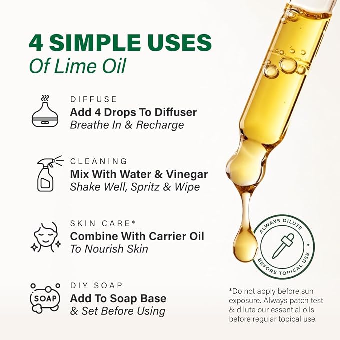 100% Pure Lime Oil - 4 Fl Oz Lime Essential Oil for Hair, Skin, Diffuser, Aromatherapy & DIY Soap Making Scent