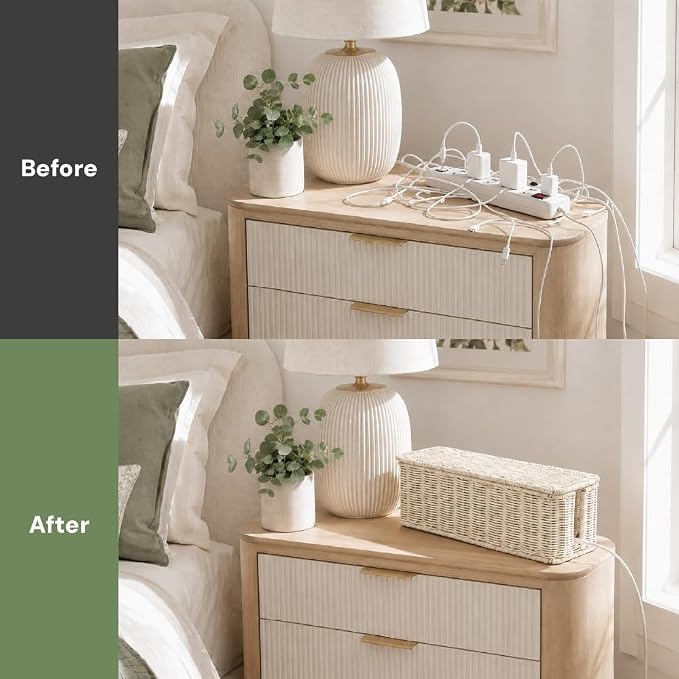 Cable Management Box, Handmade Rattan Cable Organizer with 2 Open Slots, Cord Hider for Power Strip, Router & USB Hub, Registered U.S. Design Patent (D1,112,102), 13" x 5.1" x 5.1", White