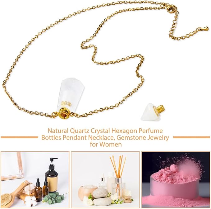 SUPERFINDINGS Natural White Quartz Stone Perfume Bottle Pendant Gemstone Crystal Perfume Bottle Essential Oil Necklace Diffuser Necklace Hexagonal Pointed Reiki Chakra Pendant for Woman Men