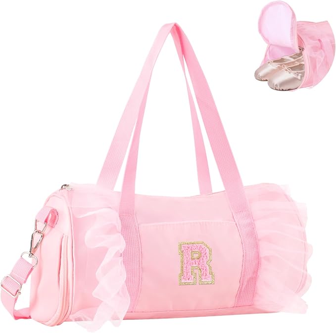 Personalized Initial Dance Bag for Girls 6-9, Medium Lace Gym Sport Yoga Cheer Dance Bags Gift for Teen Girls, Cute Letter Kids Ballet Bag Toddler Travel Duffel Tote with Adjustable Straps(Pink-R)