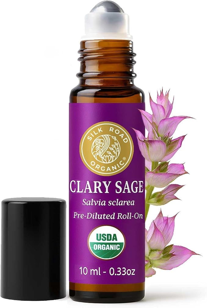 Silk Road Organic Clary Sage Essential Oil Roll On, 100% Pure USDA Certified Aromatherapy for PMS, Stress & Mental Clarity - 10 ml Roller - Always Pure, Always Organic