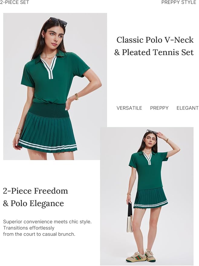 Women 2 Piece Tennis Skirt Set Pleated Golf Outfit, Polo V-Neck Athletic Dress Alternative Skort Set for Pickleball Pockets