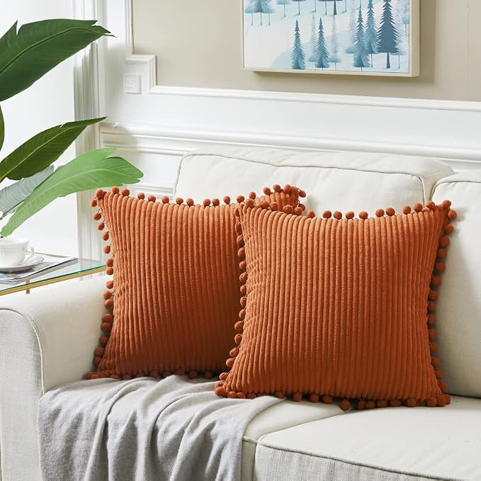 Fancy Homi Set of 2 Rust Decorative Throw Pillow Covers 12x12 Inch with Pom-poms for Couch Bed Sofa, Modern Farmhouse Boho Home Decor, Soft Plush Corduroy Cute Cushion Case 30x30 cm
