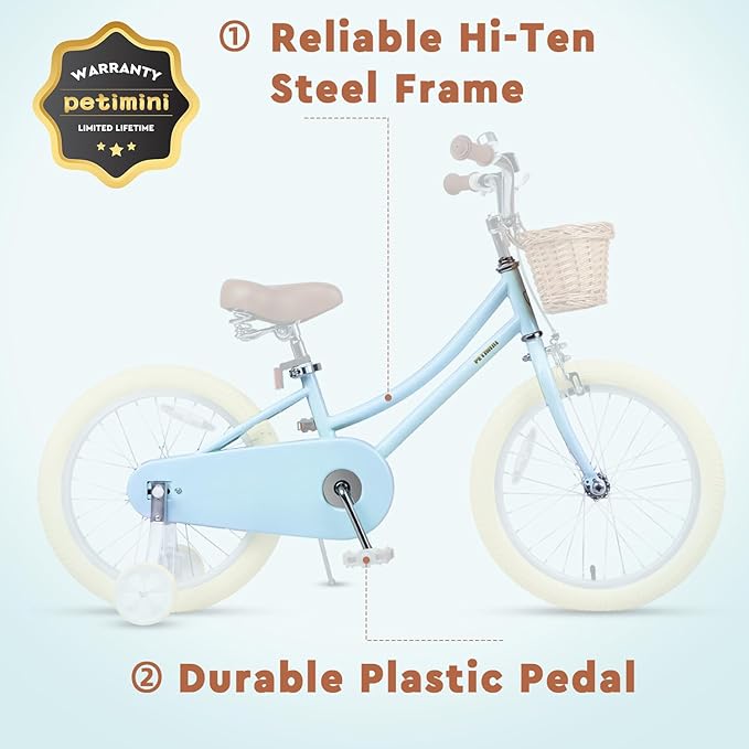 Petimini Vintage Kids Bike for Girls, 12–20 Inch Classic Bicycle with Wicker Basket & Bell, High Tensile Steel Frame, Training Wheels (12–18”), 85% Pre-Assembled, Retro Bike for Outdoor Riding