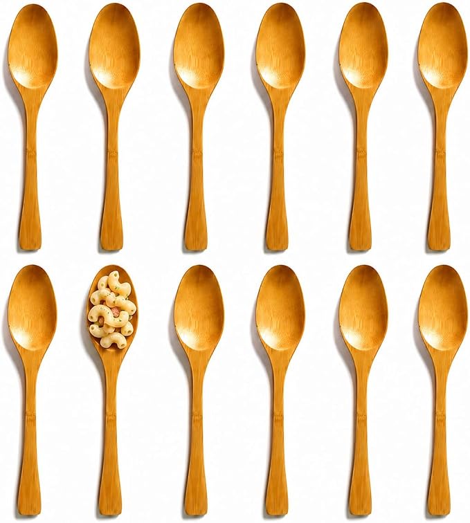 JapanBargain 4109, Set of 12 Long Bamboo Wood Soup Spoons, Eco Friendly Dinner Spoons, Korean Japanese Style Kitchen Utensil for Snacks, Fruit, Ice Cream, Yogurt, Cereal, 8.25-inch
