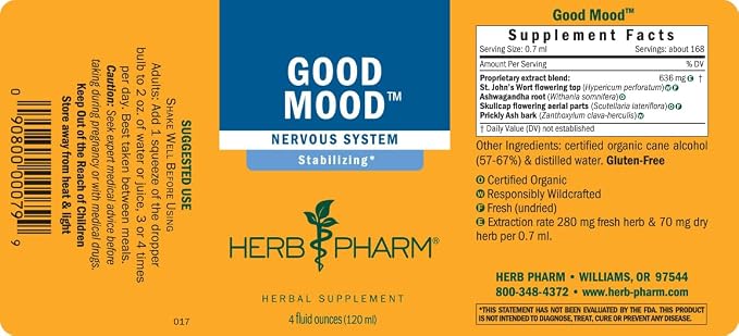 Herb Pharm Good Mood Support Supplement: with St. John's Wort & Certified Organic Ashwagandha| Positive Mood & Emotional Balance Support Tincture| Fast-Absorbing, Non-GMO | Up to 8 Week Supply, 4 oz*