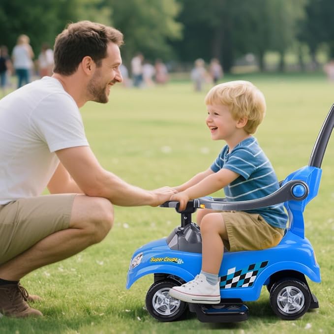 ChromeWheels 3 in 1 Ride on Push Car for Toddlers with Removable Handle/Guardrails/Pedal, Horn, Music, Under Seat Storage (Blue)