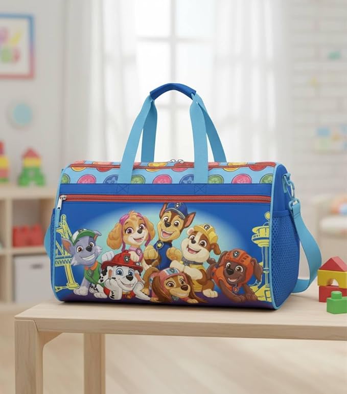 PAW Patrol Kids Duffle Bag 16.5" – Travel & Sports Bag with Zipper Pocket, Mesh Side Pockets & Shoulder Strap