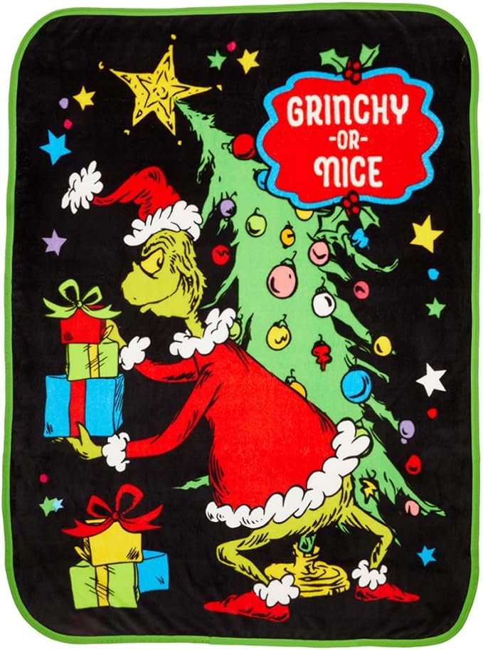 Collectibles Dr. Seuss The Grinch Holiday Christmas Bedding Super Plush Cozy Throw, 46 in x 60 in, (Officially Licensed Product) by Franco