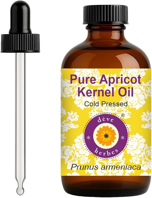 dève herbes Apricot Kernel Oil (Prunus armeniaca) with Glass Dropper | Cold Pressed | Pure | Natural | For Diluting Essential oils | Skin & Massage | Non-Sticky | Lightweight | Unisex | 120ml (4 oz)