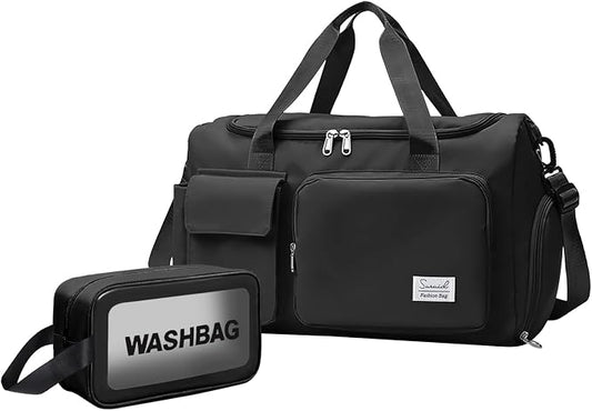 Suruid Gym Bag for Women Men, Travel Duffle Bag Large Capacity Carry On Weekender Bag With Shoe Compartment Gym Tote Dry Wet Separation Duffel Bag with Makeup Bag, Black