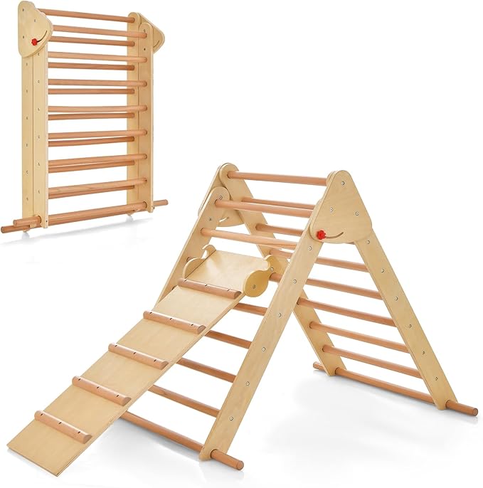 OLAKIDS Pikler Triangle Set 3 in 1 Climbing Toys for Toddlers Foldable Wood Montessori Baby Jungle Gym with Ramp Ladder Slide Kids Indoor Playground Activity Play Structure