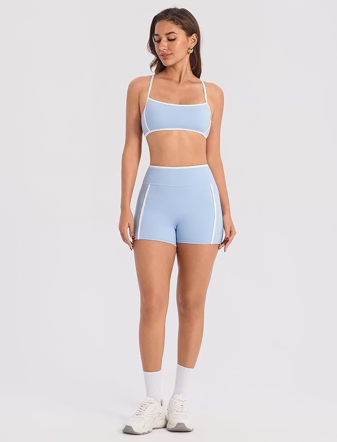 ABOCIW Workout Sets for Women 2 Piece Color Block Strappy Sports Bra High Waist Shorts Gym Yoga Pilates Outfits