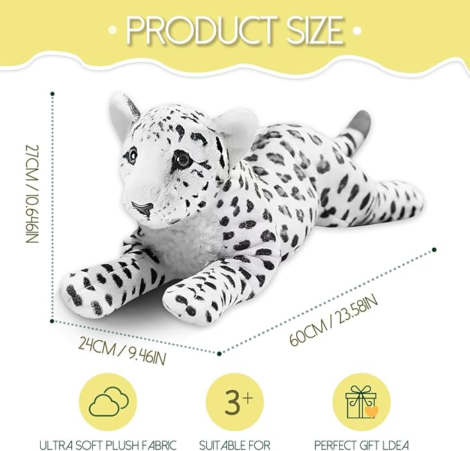 Snow Leopard Plush 23.6" Large Stuffed Snow Leopard Stuffed Animal White Leopard Plush Toys Realistic Jungle Stuffed Animal Stuffy Birthday Gift for Kids Boys