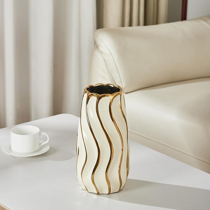 Ceramic Vase for Home Decor,Decorative Flower Vase, Vertical Stripe Ceramic Vases for Home Décor, Bedroom, Office, Living Room, Bathroom, Tabletop Decor, Centerpiece Table Decorations (Cream)