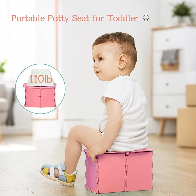 Portable Potty Seat for Toddler Foldable Travel Potty Training Toilet Seat with Cleaning Bags Reusable for Outdoor Camping, Travel, Kids Toddler Travel Potty Seat (Pink)